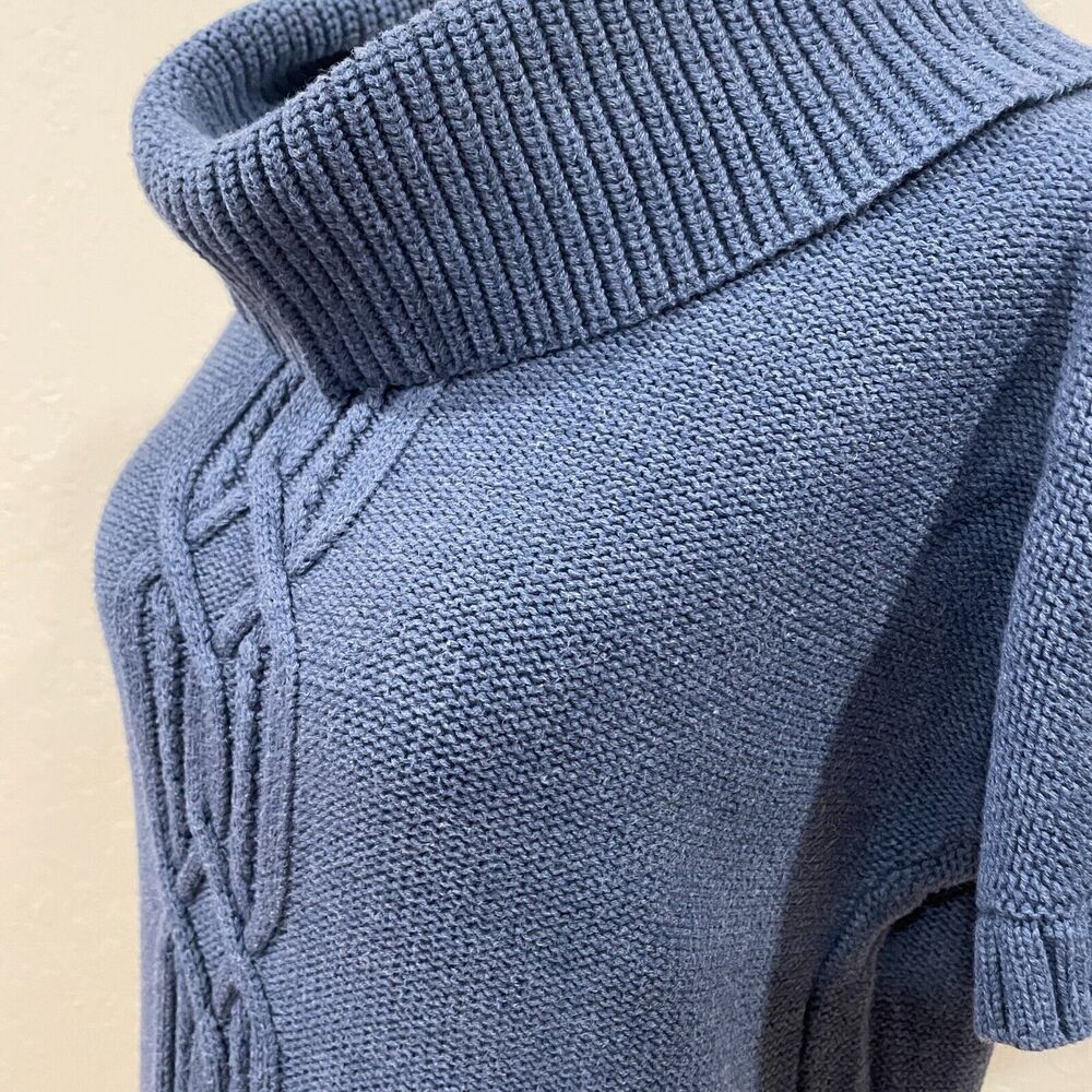 ~ ATHLETA Tisbury Cowl Neck Sweater L Tunic Cable Knit Short Sleeve Blue Womens*